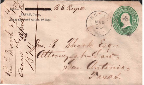 1874 envelop of job inquire letter in Texas